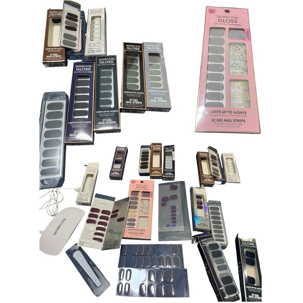 Dashing Diva Gloss Gel Nail Strips 20+ packs lot + LED lamp UV Palette